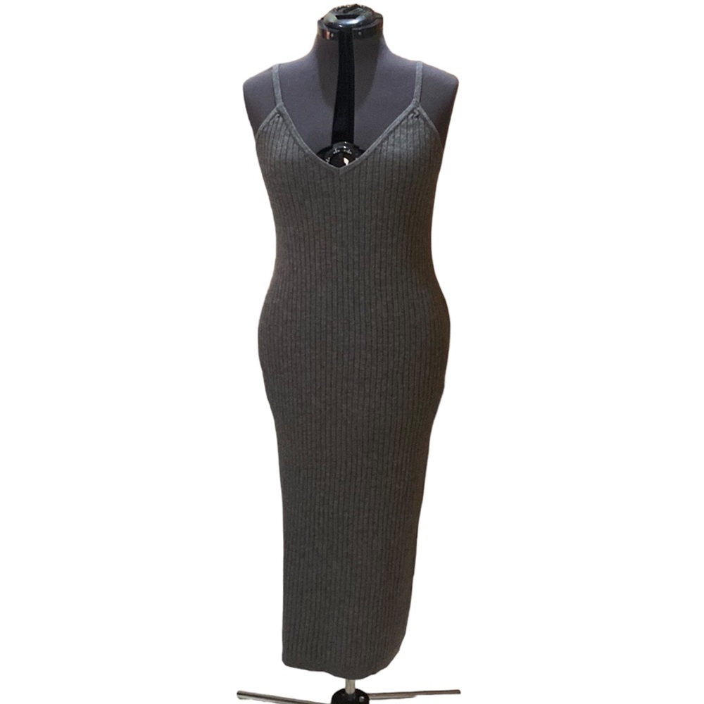 7 For All Mankind Ribbed Midi Tank Sweater Dress Size M V-Neck Spaghetti Stripes